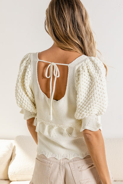 Ivory Tassel Detail Textured Square Neck Sweater