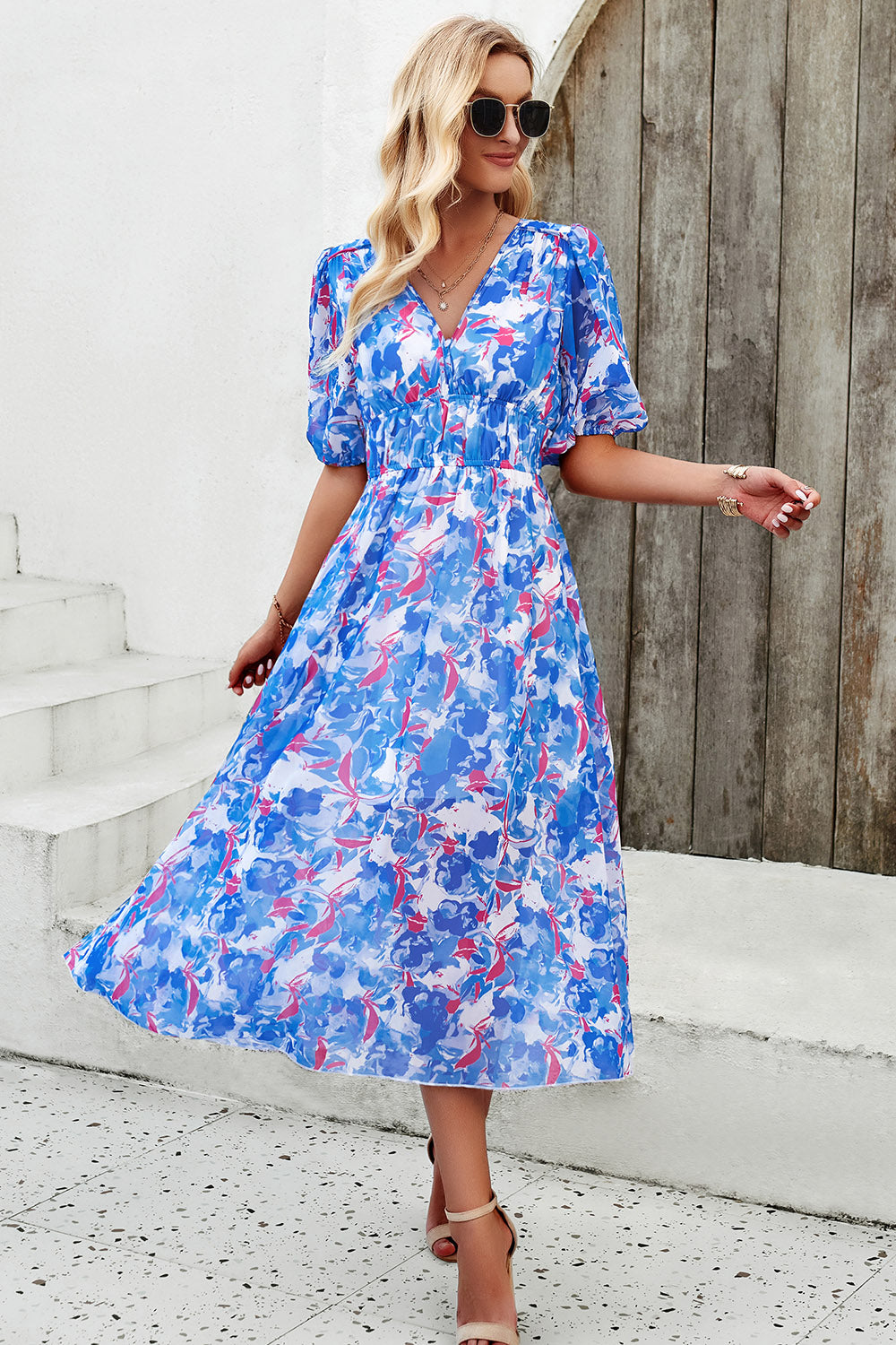 Devine Smocked Printed V-Neck Short Sleeve Dress