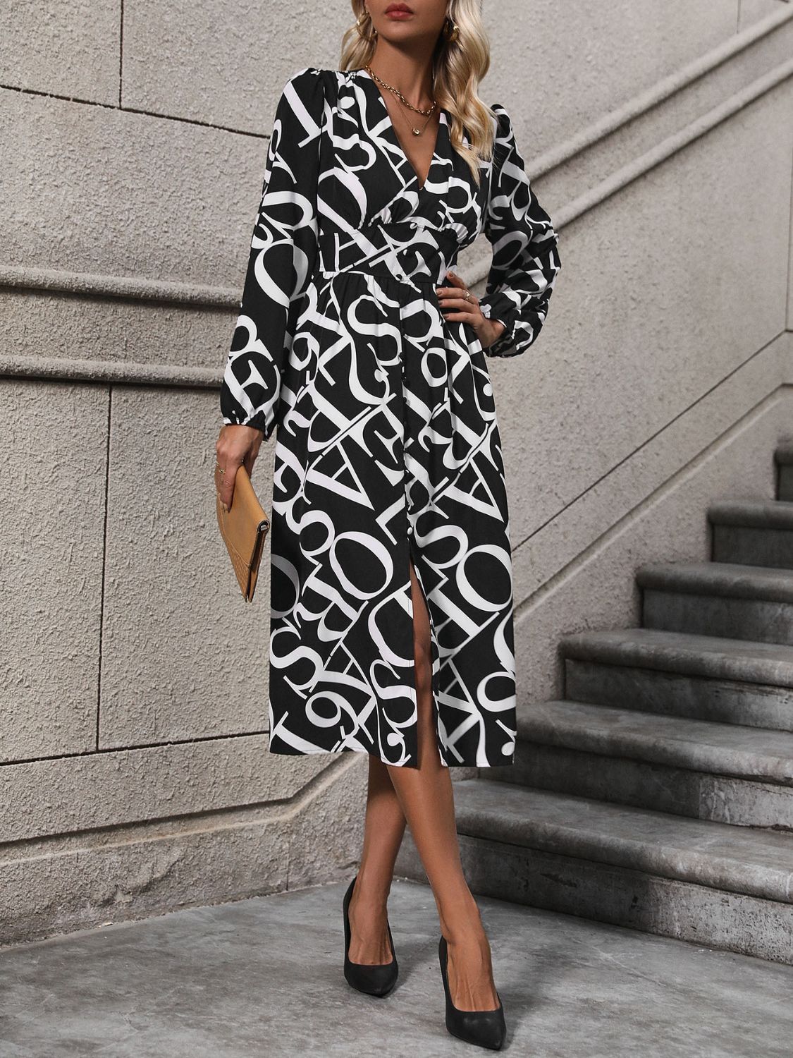 Perfee Printed V-Neck Long Sleeve Midi Dress