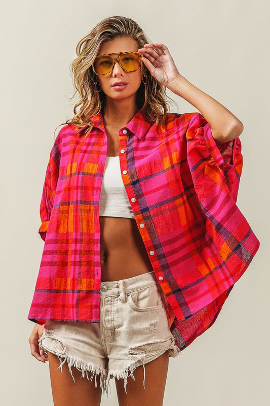 Fuchsia Button Up Dolman Sleeve Plaid Shirt