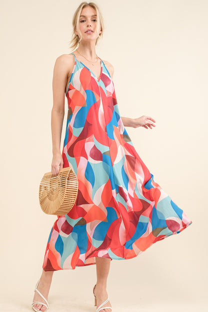 Pink & Blue Printed Crisscross Back Cami Dress