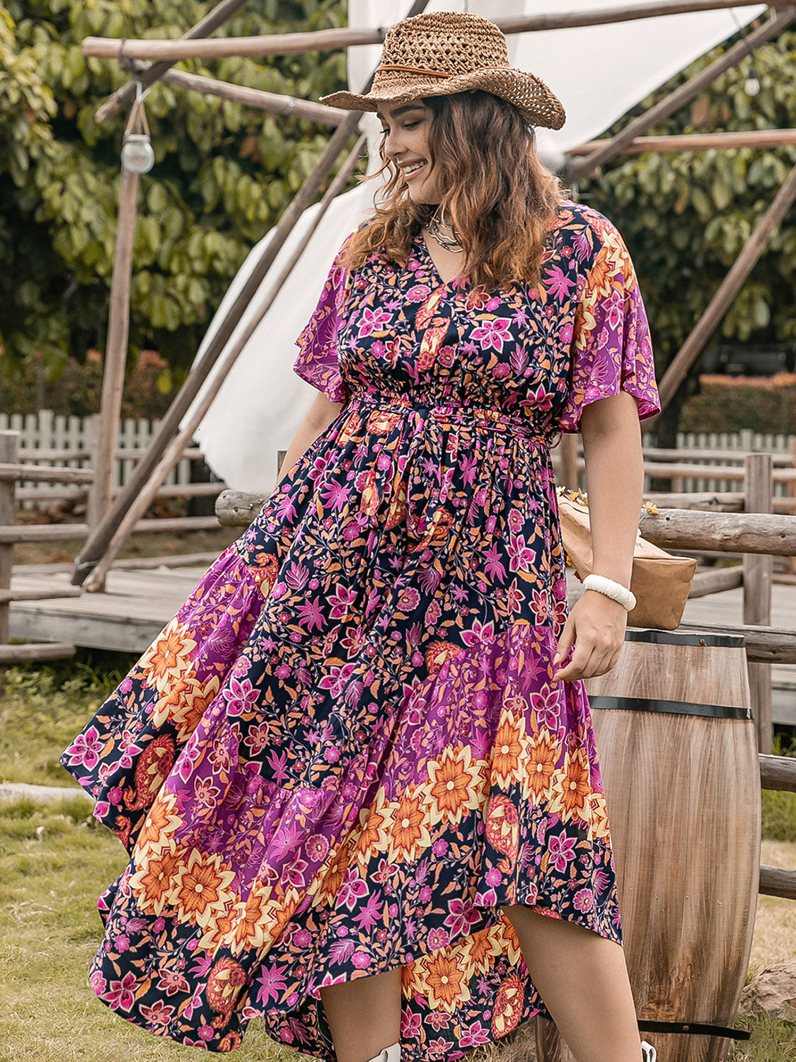 Plus Size Printed V-Neck Flutter Sleeve Midi Dress