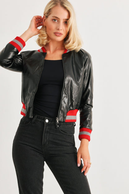 Black Comme PU Leather Baseball Collar Long Sleeve Jacket
