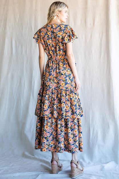 Navy Label Floral Ruffled Midi Dress