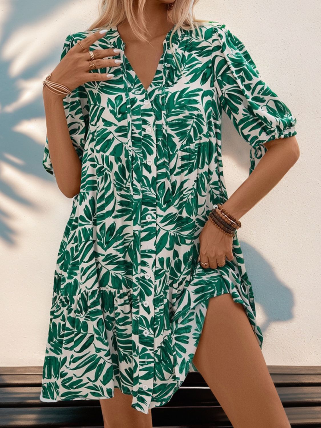 Perfee Ruffled Printed Half Sleeve Mini Dress