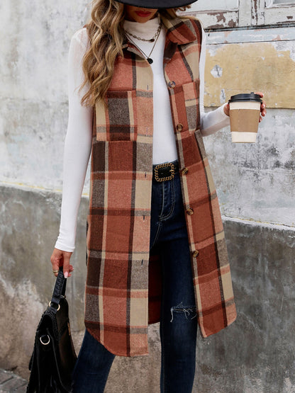 Pocketed Button Up Plaid Vest