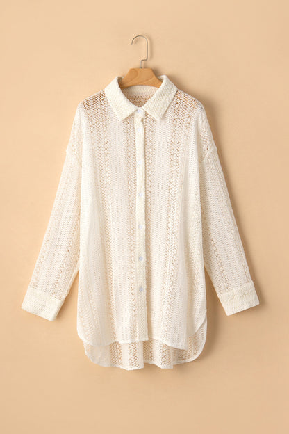 Openwork Collared Neck Long Sleeve Shirt