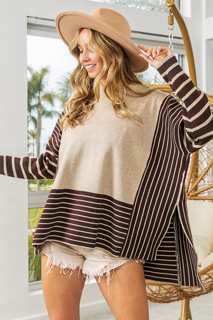 Mocha Striped Contrast Long Sleeve Slit Top