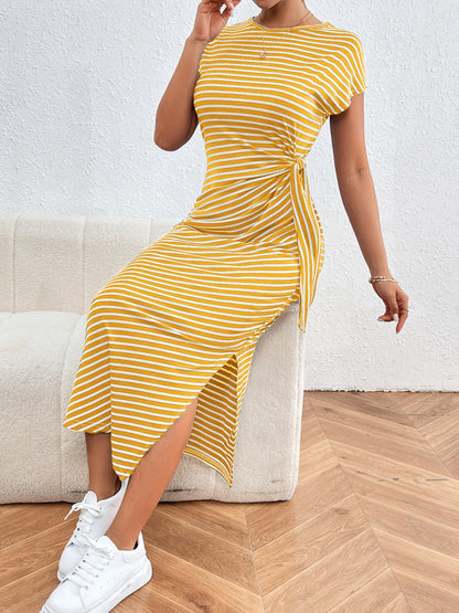 Tied Striped Round Neck Short Sleeve Tee Dress