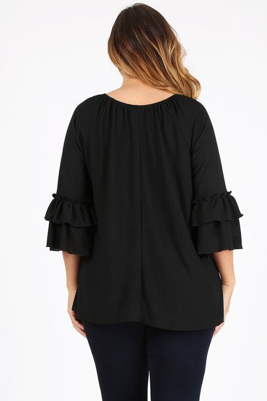 Knit 3/4 Sleeve Double Layer Ruffle Sleeve Top