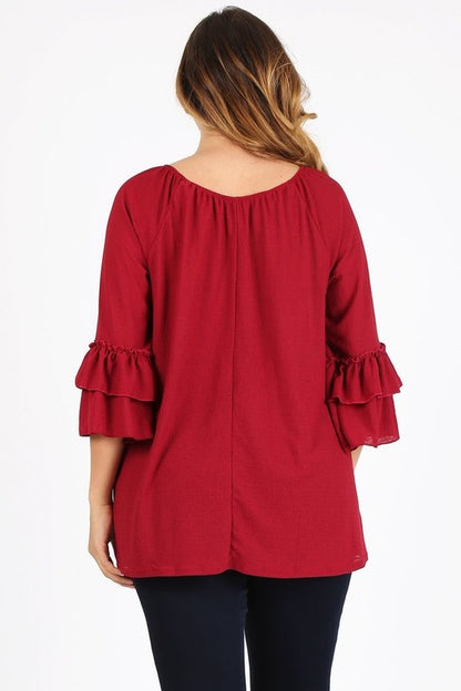 Knit 3/4 Sleeve Double Layer Ruffle Sleeve Top