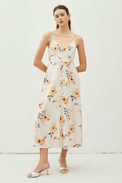 Peach Floral Button Down Cami Midi Dress