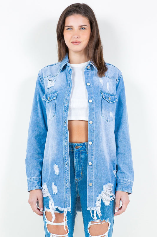 Blue American Bazi Frayed Hem Distressed Denim Shirt Jacket