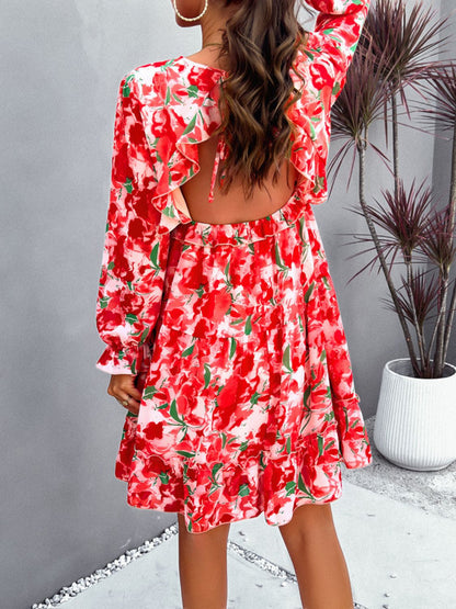 Backless Printed V-Neck Flounce Sleeve Dress