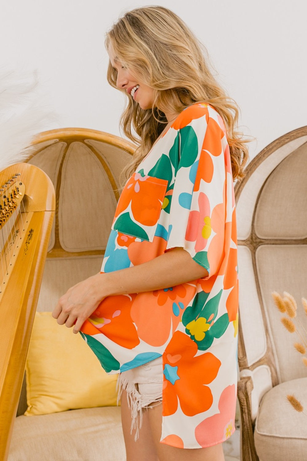Cream & Orange & Blue Floral V Neck Slit Side T-Shirt