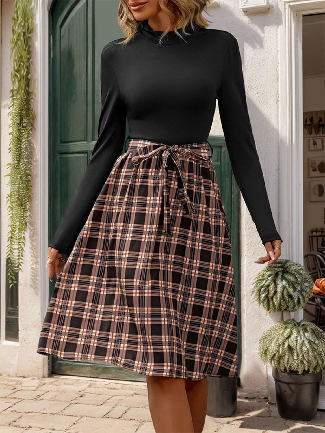 Perfee Plaid Mock Neck Long Sleeve Dress