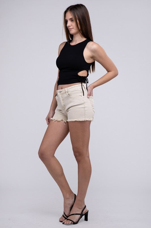 Ivory Acid Washed Frayed Cutoff Hem Shorts