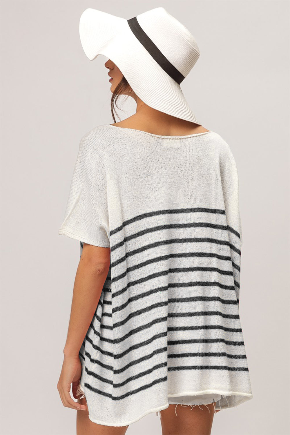 Black V Neck Striped Short Sleeve Top