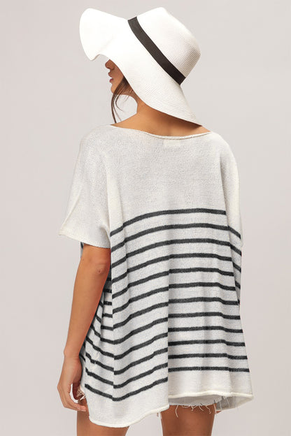 Black V Neck Striped Short Sleeve Top