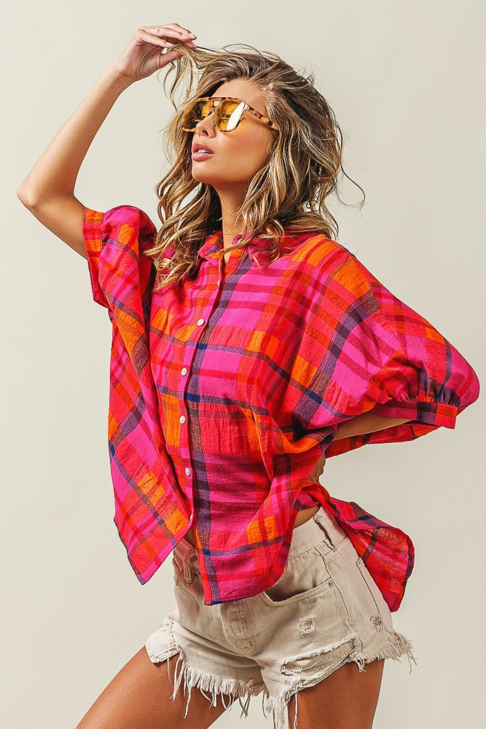 Fuchsia Button Up Dolman Sleeve Plaid Shirt