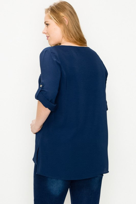 PLUS SIZE KOSHIBO ROLL UP SLEEVE TOP