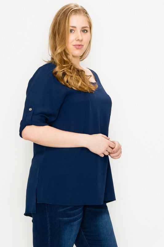 PLUS SIZE KOSHIBO ROLL UP SLEEVE TOP