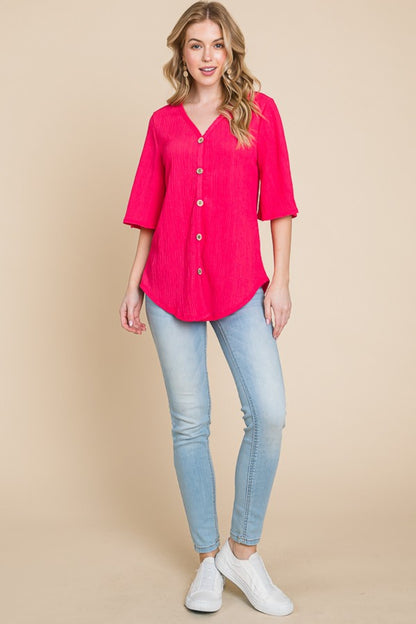 Fuchsia Texture Decorative Button V-Neck Top