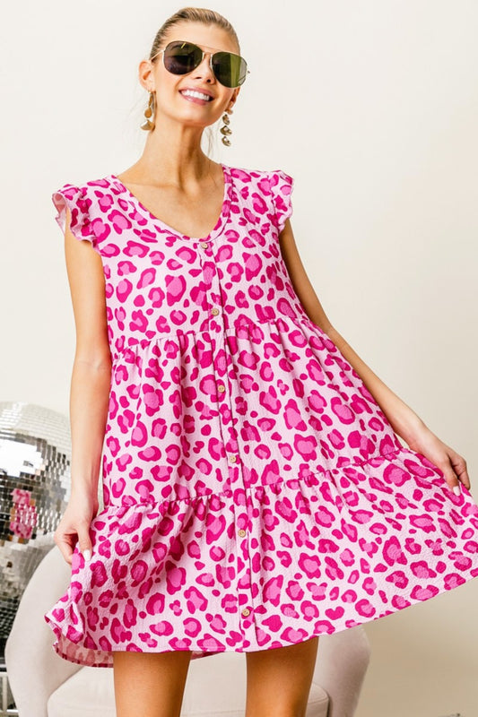 Pink Leopard Cap Sleeve Tiered Mini Dress