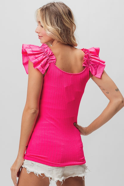 Fuchsia Ruffled Shoulder Strap Rib Texture Top