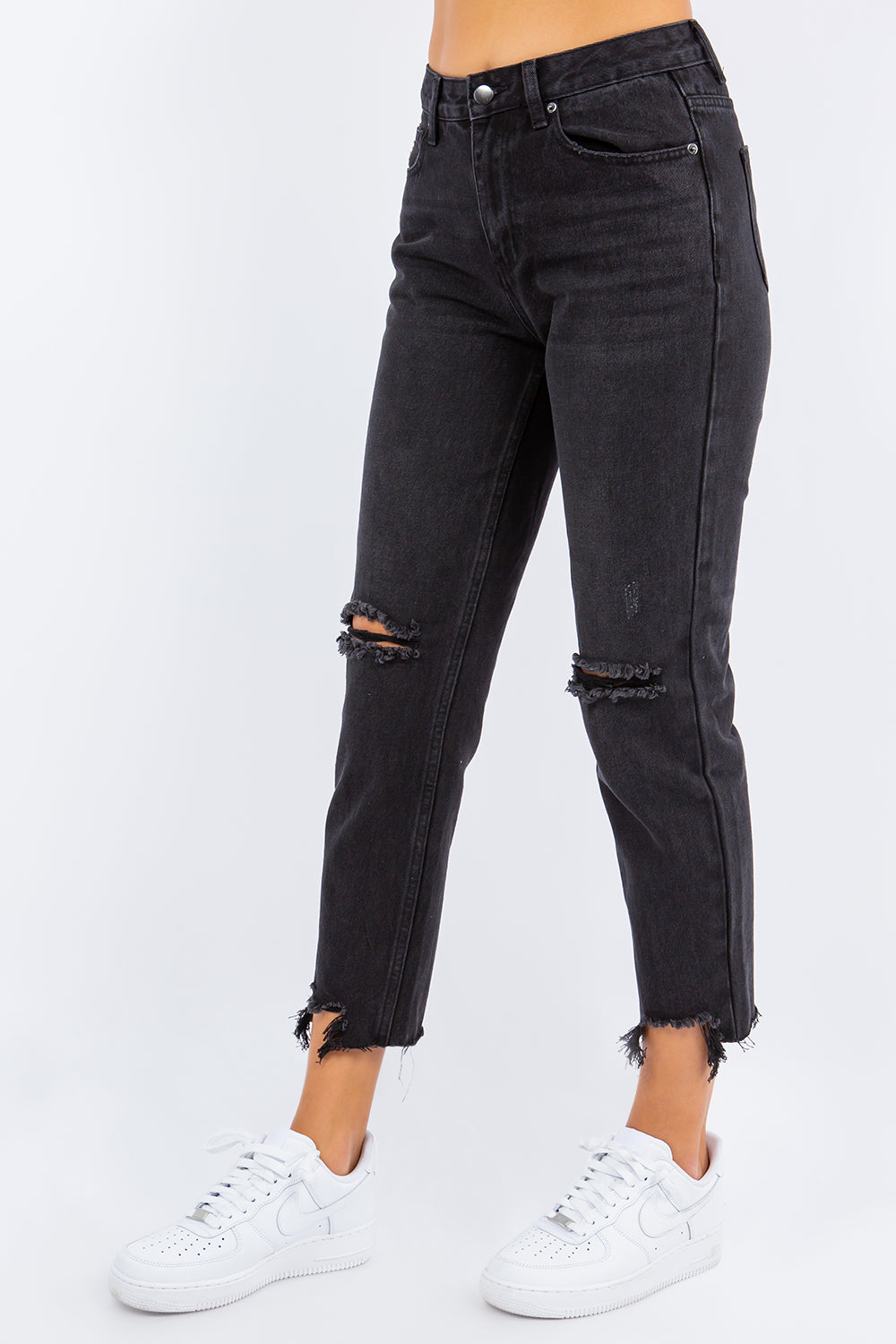 Black American Bazi High Waist Distressed Cropped Straight Jeans