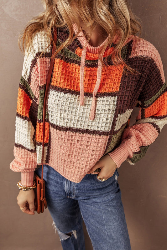 Drawstring Color Block Long Sleeve Sweater