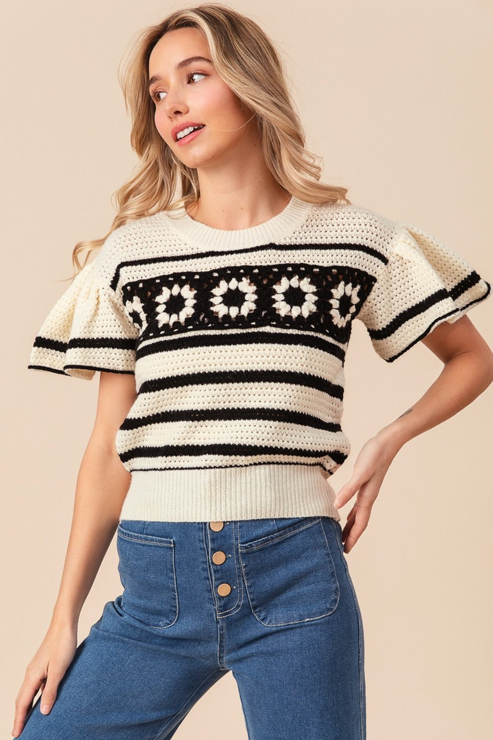 Ivory Granny Square Short Sleeve Striped Sweater