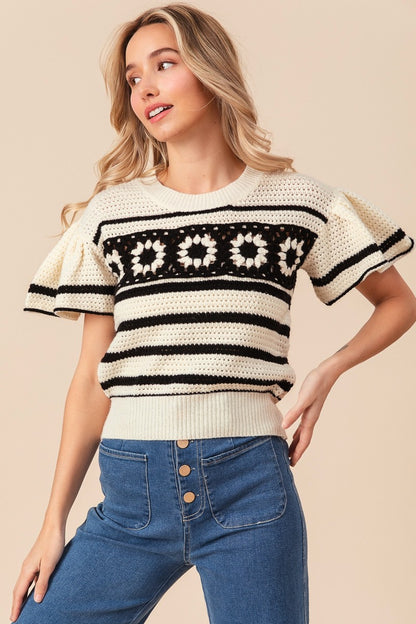 Ivory Granny Square Short Sleeve Striped Sweater