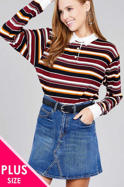 Ladies fashion plus size long sleeve multi striped dty brushed shirts