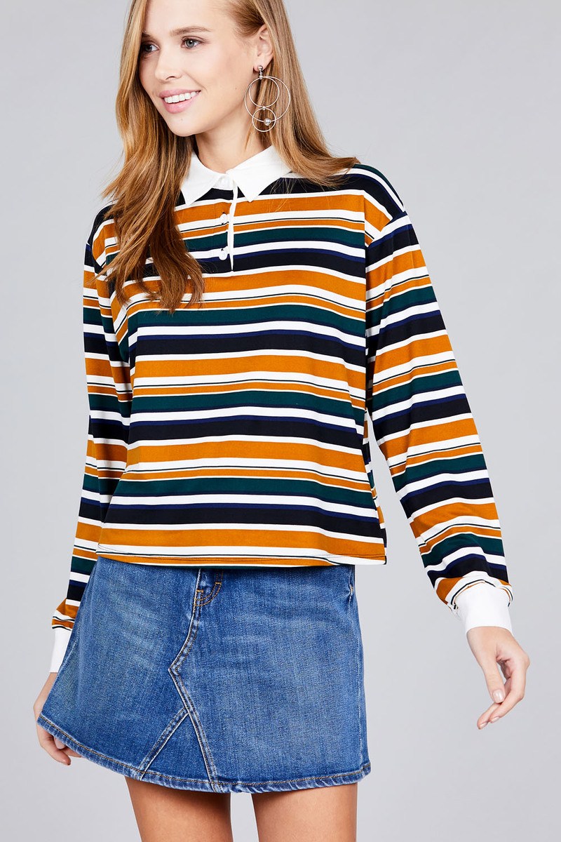 Ladies fashion plus size long sleeve multi striped dty brushed shirts