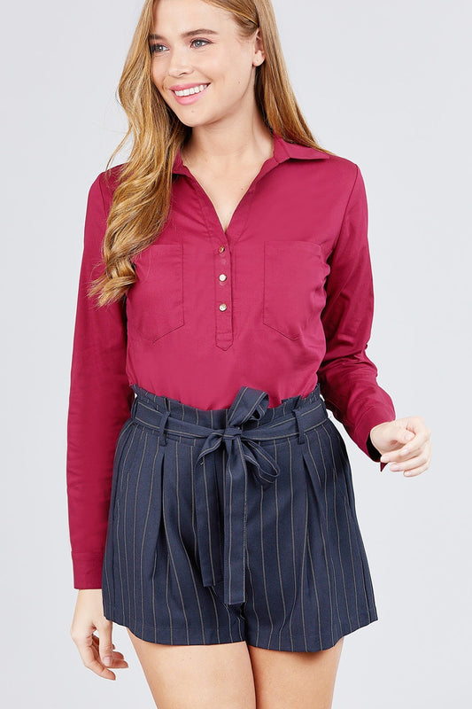 Deep Red 3/4 Roll Up Sleeve Front Two Pocket W/button Detail Stretch Shirt