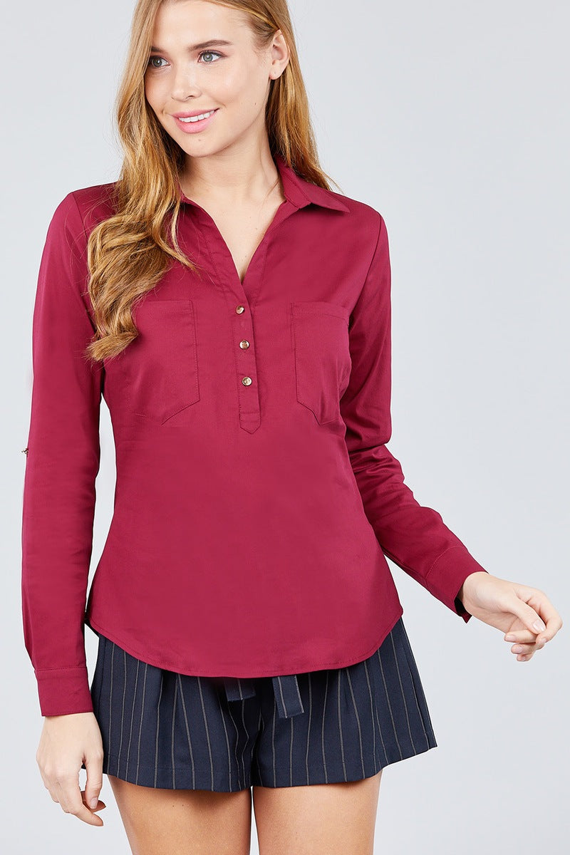 Deep Red 3/4 Roll Up Sleeve Front Two Pocket W/button Detail Stretch Shirt