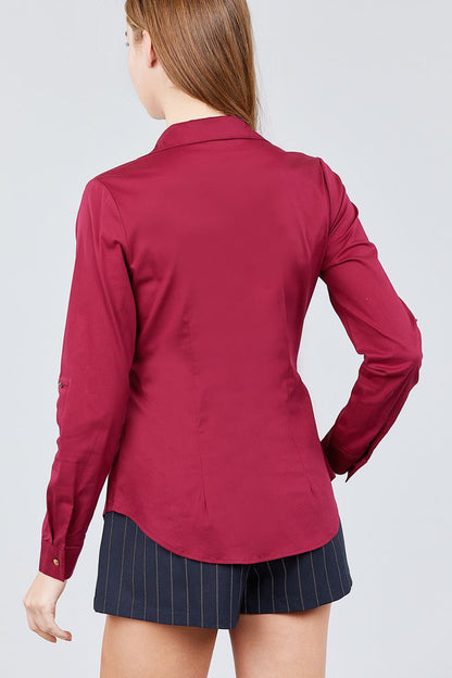 Deep Red 3/4 Roll Up Sleeve Front Two Pocket W/button Detail Stretch Shirt