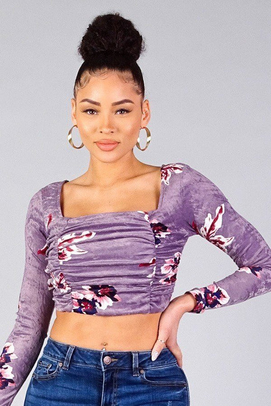 Purple Ruched Velvet Floral Back Tie Crop Top