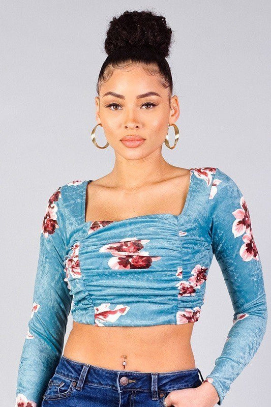 Blue Ruched Velvet Floral Back Tie Crop Top
