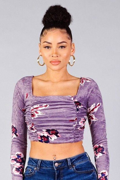 Purple Ruched Velvet Floral Back Tie Crop Top