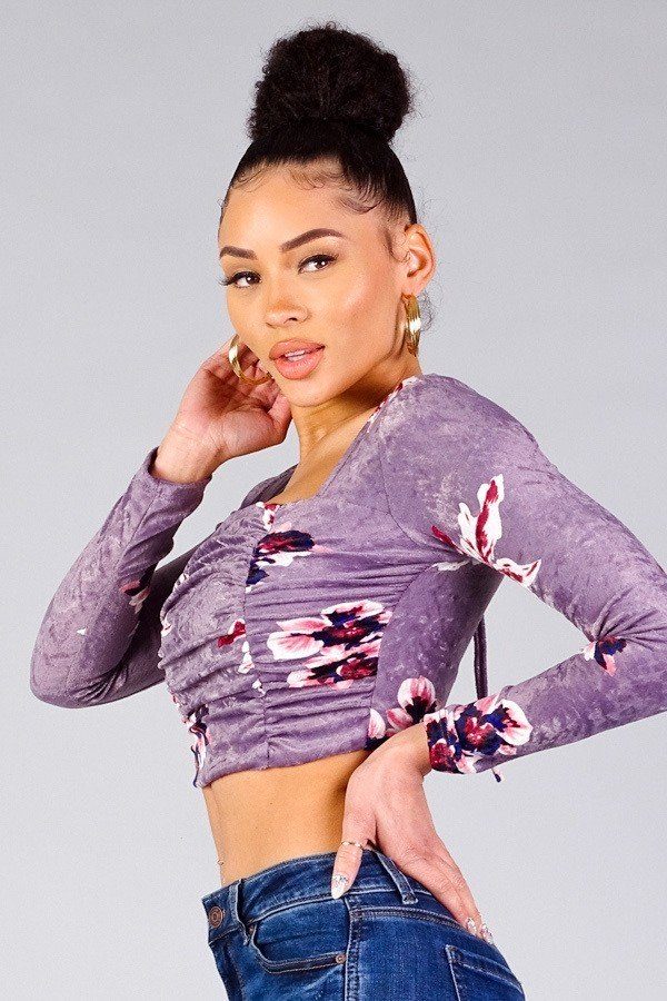 Purple Ruched Velvet Floral Back Tie Crop Top