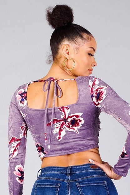 Purple Ruched Velvet Floral Back Tie Crop Top
