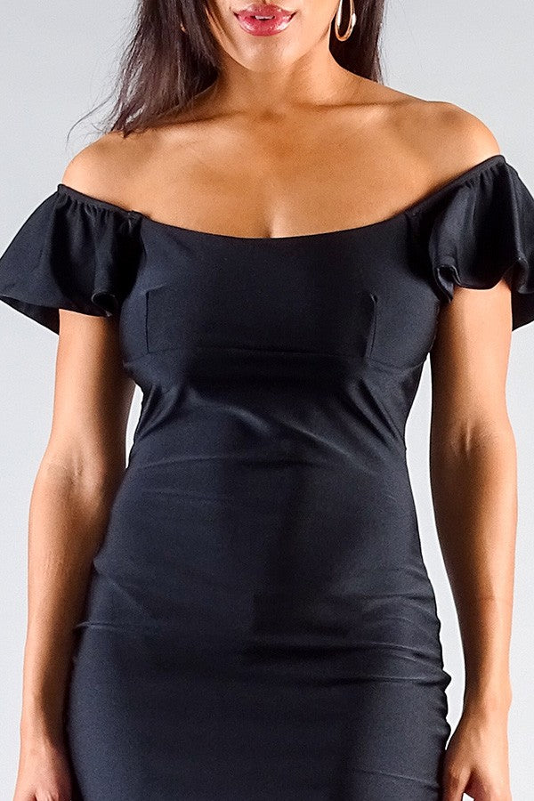Black Convertible Off Shoulder Ruffle Sleeve Bodycon Mini Dress