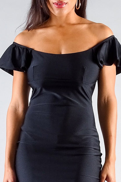Black Convertible Off Shoulder Ruffle Sleeve Bodycon Mini Dress