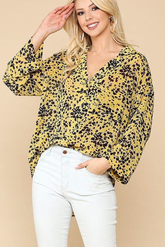 Multi-Yellow Animal Print Button Down Lapel Collar Shirt With Chest Pocket