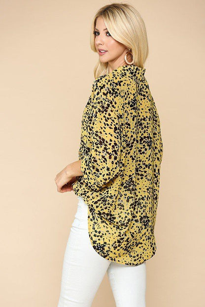 Multi-Yellow Animal Print Button Down Lapel Collar Shirt With Chest Pocket