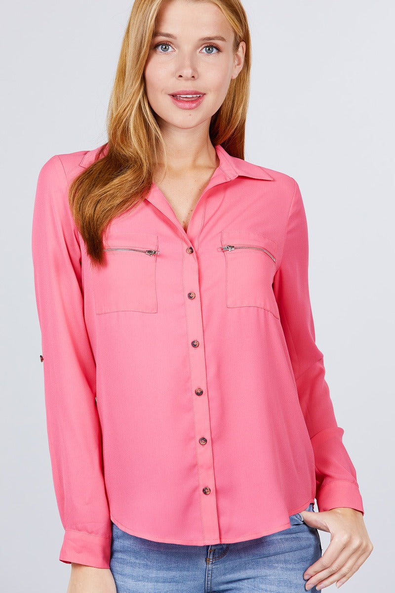 Pink 3/4 Roll Up Sleeve Pocket W/zipper Detail Woven Blouse