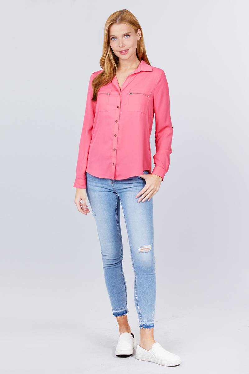 Pink 3/4 Roll Up Sleeve Pocket W/zipper Detail Woven Blouse