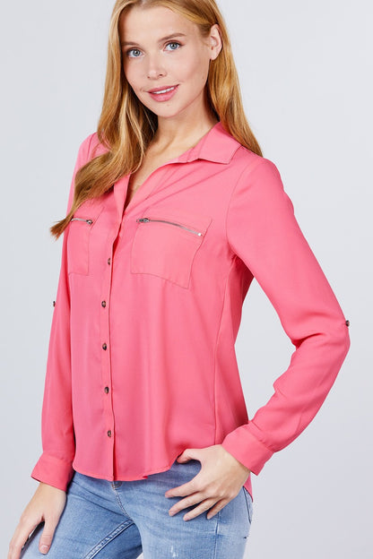 Pink 3/4 Roll Up Sleeve Pocket W/zipper Detail Woven Blouse